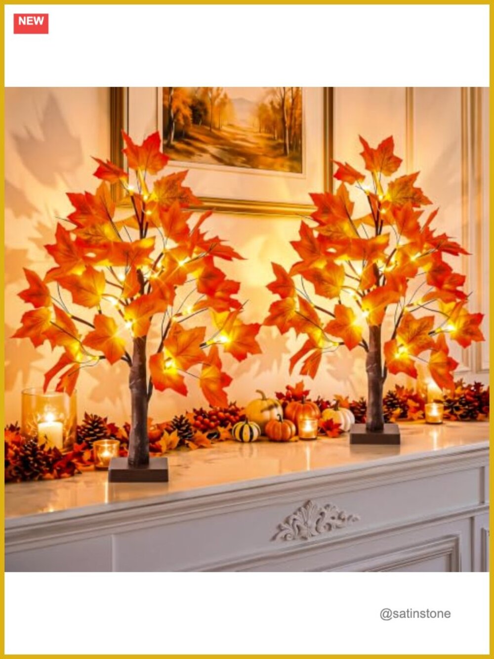 2 Pack 24 Inch Lighted Maple Trees 48 LED Warm Lights Artificial Fall Decor